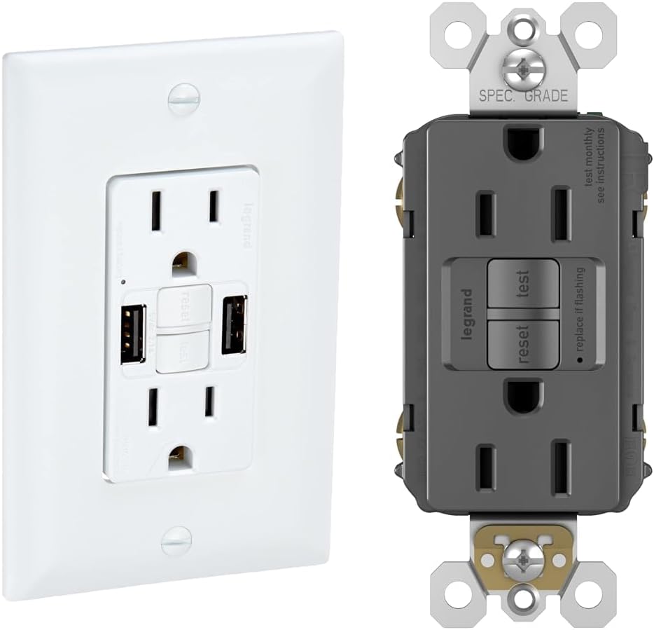 Legrand Radiant 1597TRUSBAAW 15 Amp GFCI Outlet with USB & Legrand Radiant 1597BKCCD12 15 Amp GFCI Duplex Outlet (1 Count Each)