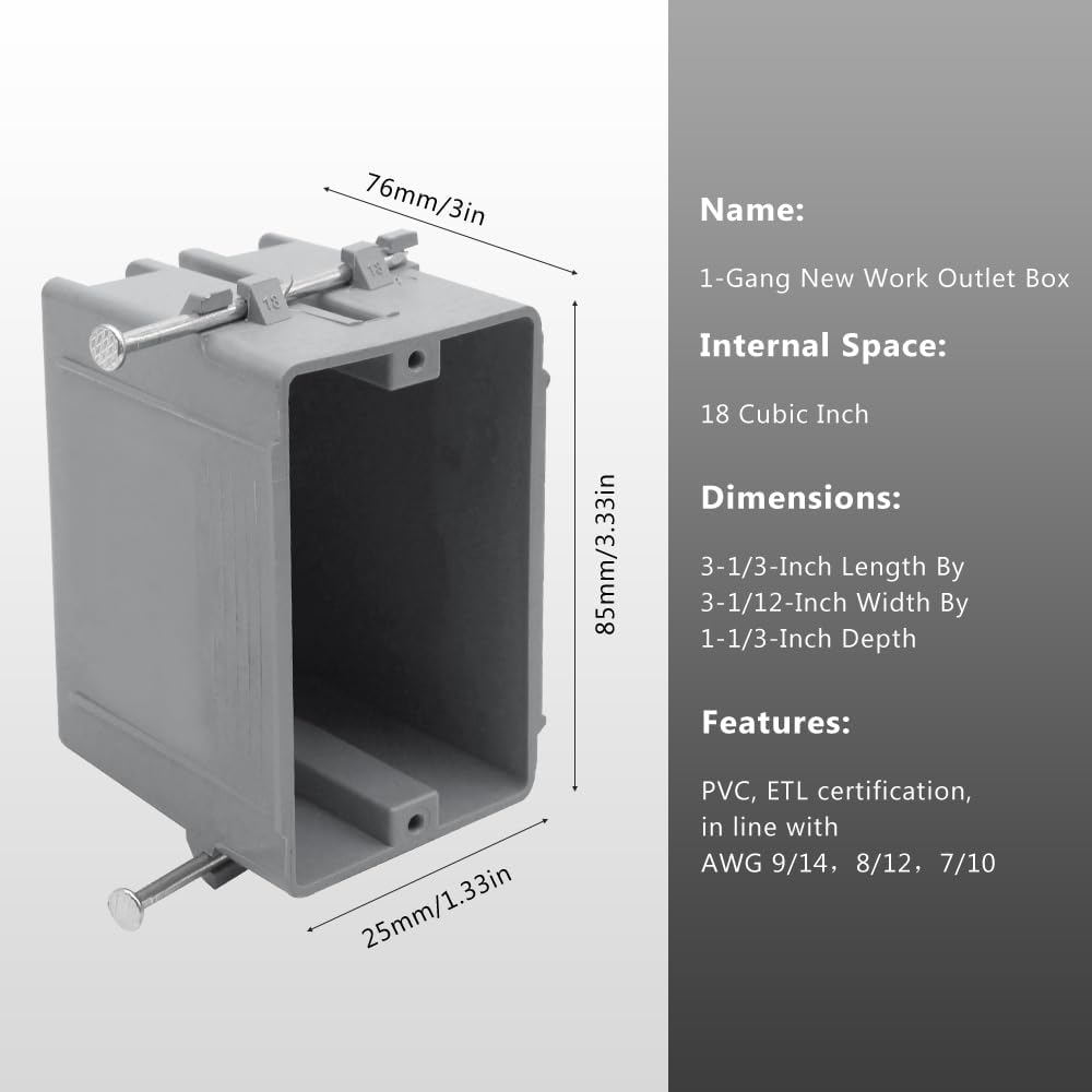 1-Gang PVC New Work Outlet Box,18 Cubic Inch Switch Box | Gray New Work Electrical Nail Outlet Box,ETL Listed to UL514C and UL263,AWG for 9/14,8/12,7/10(1Pack)