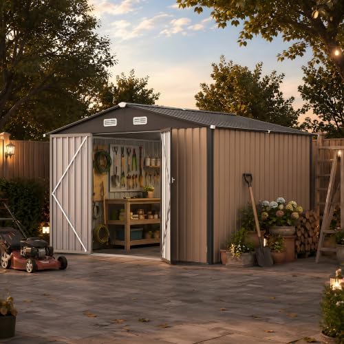 10x8 ft outdoor storage shed, metal garden shed on a desk or shelf
