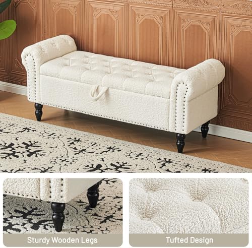 furniliving modern storage ottoman bench, sherpa ottoman end, side view