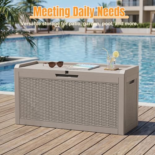 outdoor storage box,100 gallon waterproof resin patio deck on a desk or shelf