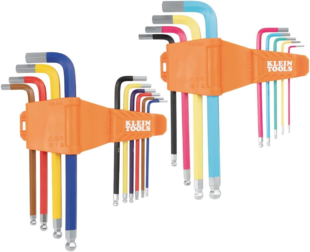 Klein Tools CBLS19 Long Ball-End Hex Key Wrench Set, SAE and Metric, L-Style, Color-Coded Powder-Coat, 3/32 to 3/8-Inch and 1.5 to 10 mm, 19-Piece