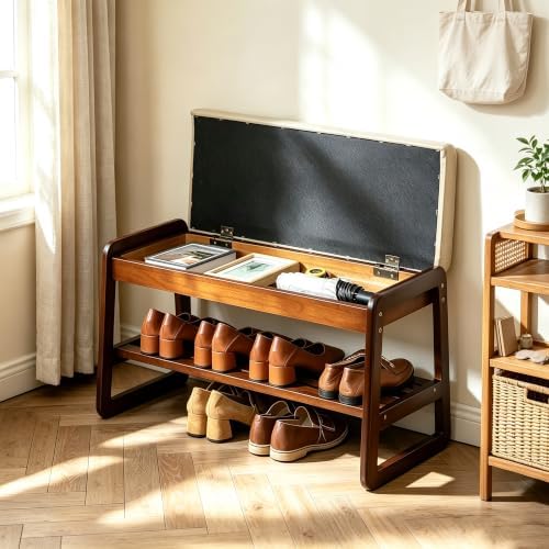 sobibo solid wood shoe rack bench with flip-top shown in use