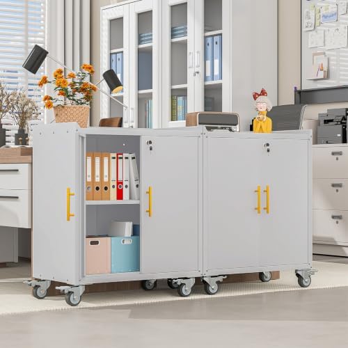 35.6" rolling metal garage storage cabinet with wheels shown in use