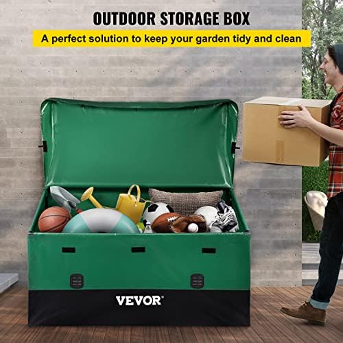 vevor outdoor storage box, 230 gallon waterproof pe shown in use