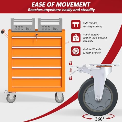 5 drawers rolling tool chest with wheels, portable, side view