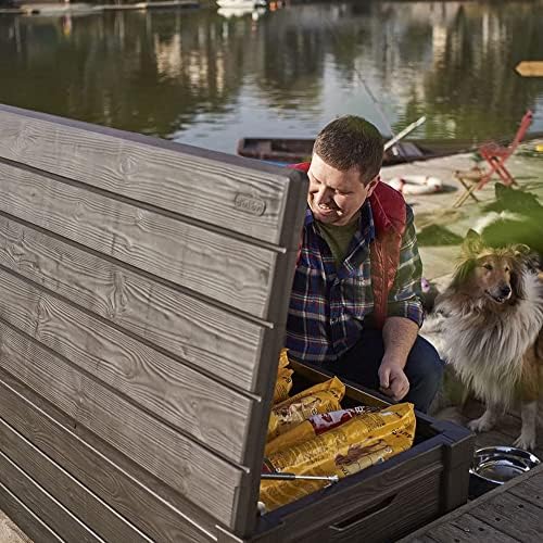 keter brightwood outdoor storage deck box, 120 gallon, front angle view