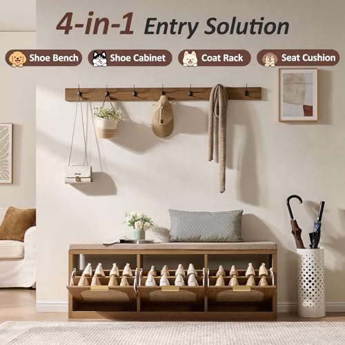 rattan narrow entryway bench with shoe storage, 3 showing dimensions