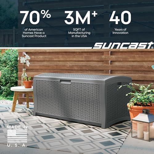 suncast deck box extra large, 122 gallon outdoor, front angle view