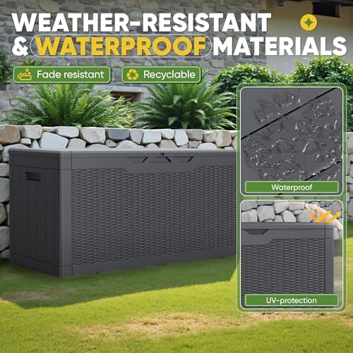 greesum outdoor storage box 100 gallon storage bin shown in use