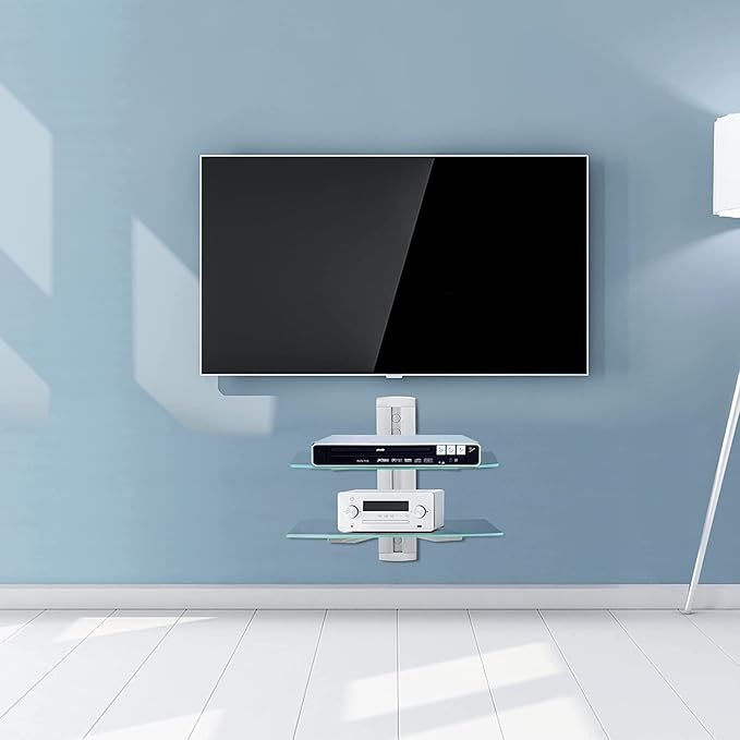 suptek 2 Tiers Glass Floating Shelves, Flat Black Wall Mount Bracket, AV Shelf - Image 2