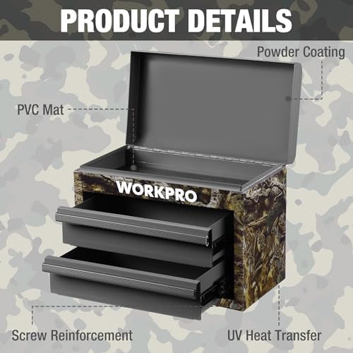 workpro metal mini tool box with 2 drawers showing dimensions