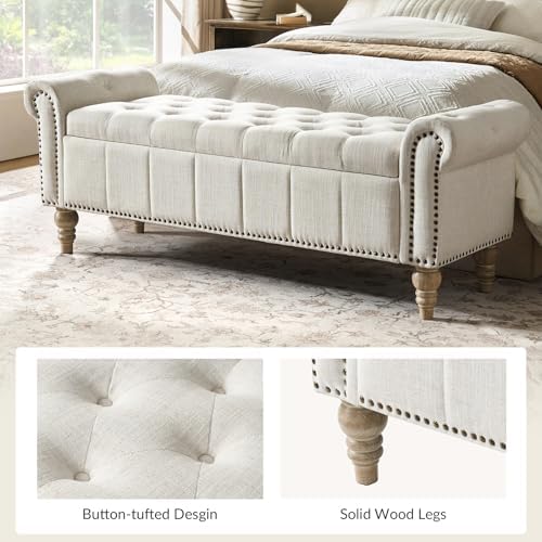 hulala home farmhouse storage bench, ivory, side view