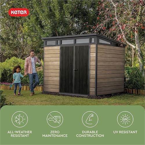 keter signature collection 9x7 ft all-weather storage shed showing dimensions