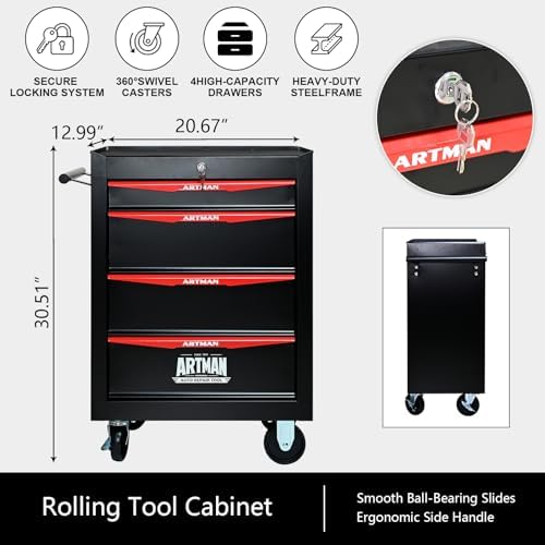 4-drawer rolling tool chest, lockable for garage,black, package contents