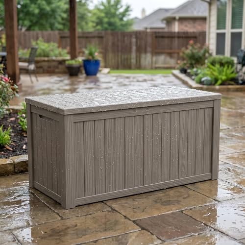 178 gallon resin deck box with gas lift, front angle view