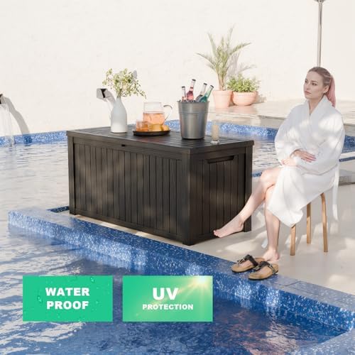 180 gallon deck box, waterproof resin outdoor storage showing dimensions