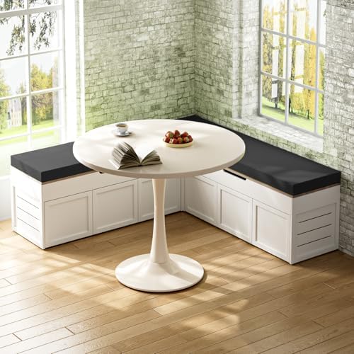 l-shaped corner storage bench with cushion, backless wood, front angle view