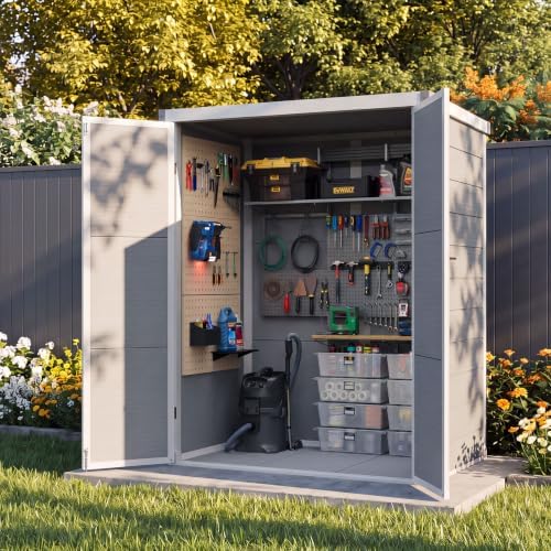 aoxun 55 cuft outdoor tall storage shed, 5×3×7ft shown in use