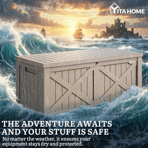 yitahome 150 gallon large deck box with x-shaped, side view