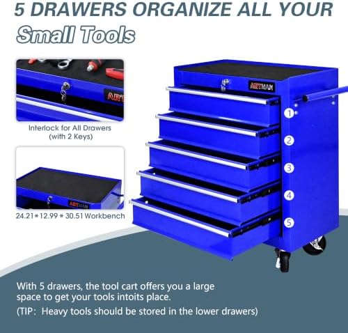 5 drawers rolling tool chest on wheels, multifunctional showing dimensions
