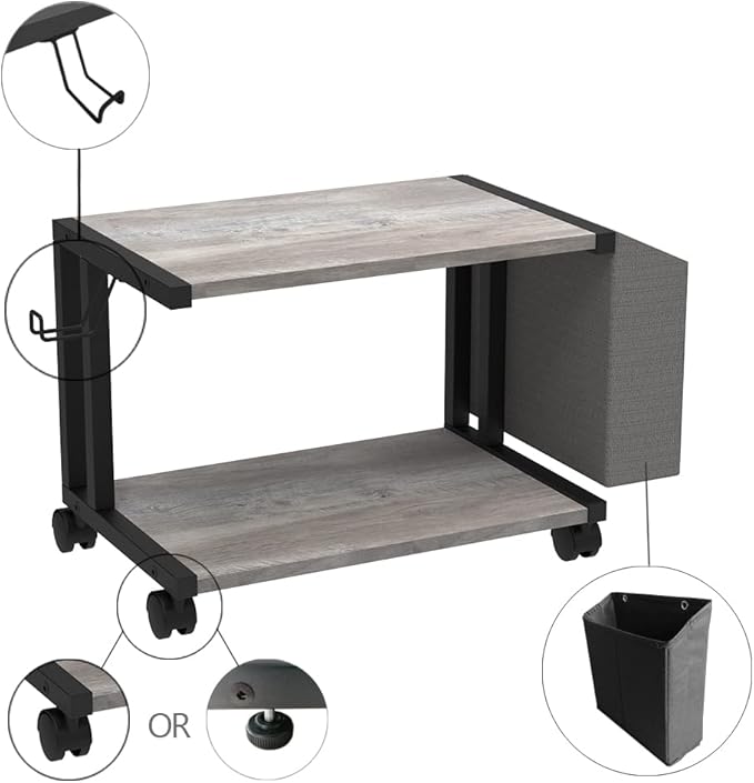 VEDECASA 2 Tier Vintage Greige Wooden Under Desk Printer Stand - Image 7
