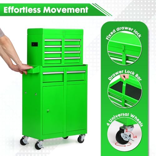 dawmilon 5-drawer rolling tool chest, 2-in-1 tool box showing dimensions