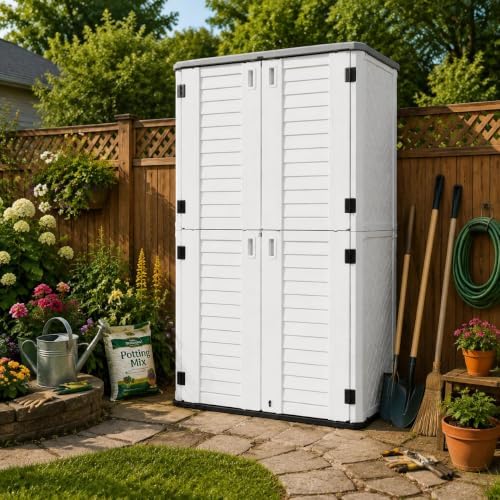 addok 66 cu.ft outdoor storage shed,resin storage cabinet, front angle view