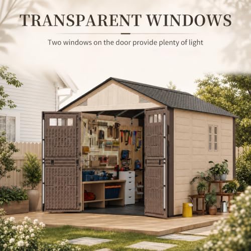 airwire 8x10 ft resin storage shed beige, front angle view