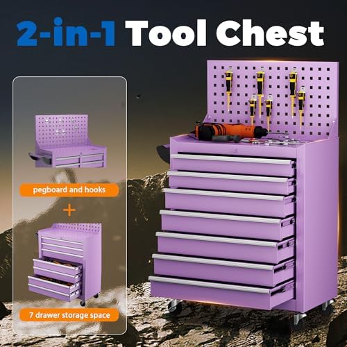 intergreat 7 drawers rolling tool box with pegboard,portable showing dimensions