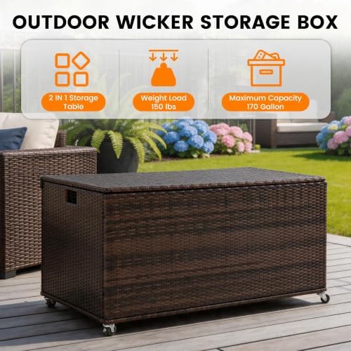 sundale 70 gallon oudoor deck box, large rattan, side view