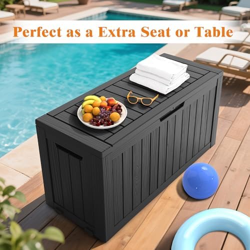 outdoor deck storage box, 75 gallon deck box,lockable showing dimensions
