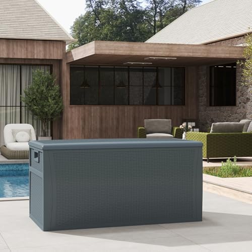zyjoyy 100 gallon resin deck box waterproof outdoor, front angle view