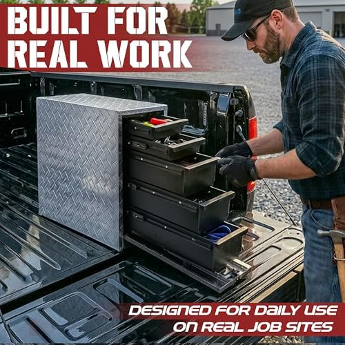 truck bed tool box with 5-drawer slides | on a desk or shelf