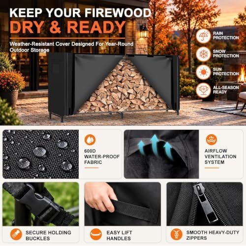 gtongoko 8ft firewood rack outdoor with cover, large, side view