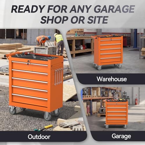 5-drawer rolling tool chest with wheels, metal tool on a desk or shelf