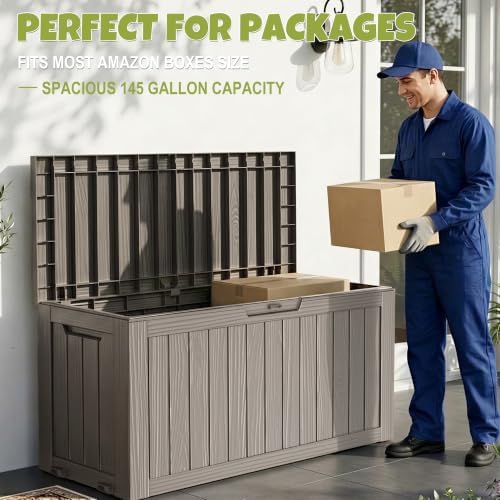 145 gallon outdoor storage box waterproof deck box shown in use
