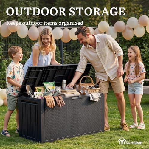yitahome 95 gallon outdoor storage deck box showing dimensions