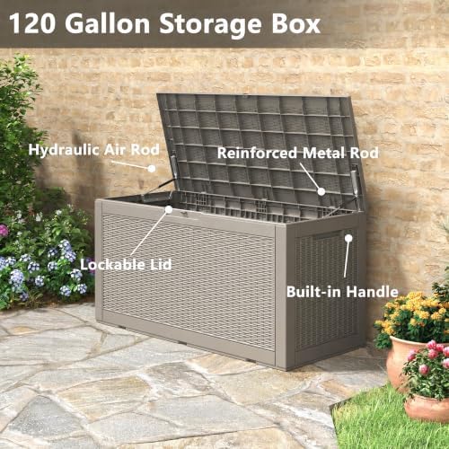 120 gal outdoor storage box waterproof lockable,deck box,gas on a desk or shelf