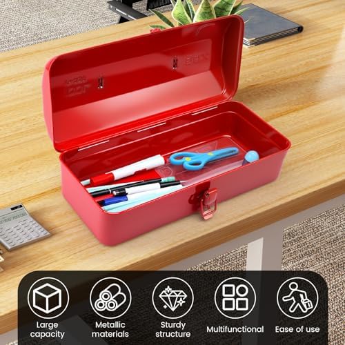 large metal tool storage box with handle for, close-up detail