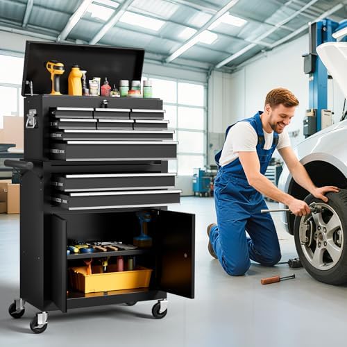10-drawer rolling tool chest with wheels, lockable 2-in-1 shown in use