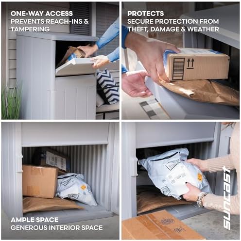 suncast 33.5-gallon capacity package delivery box, parcel drop showing dimensions