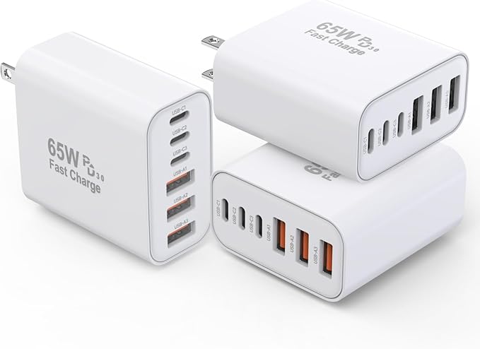 3 Pack 65W GaN Type C Wall Charger Block, 6-Port Fast Charging Block, PD USB C by Kruidvat