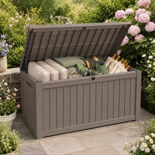 outdoor storage box resin deck box waterproof gray, front angle view