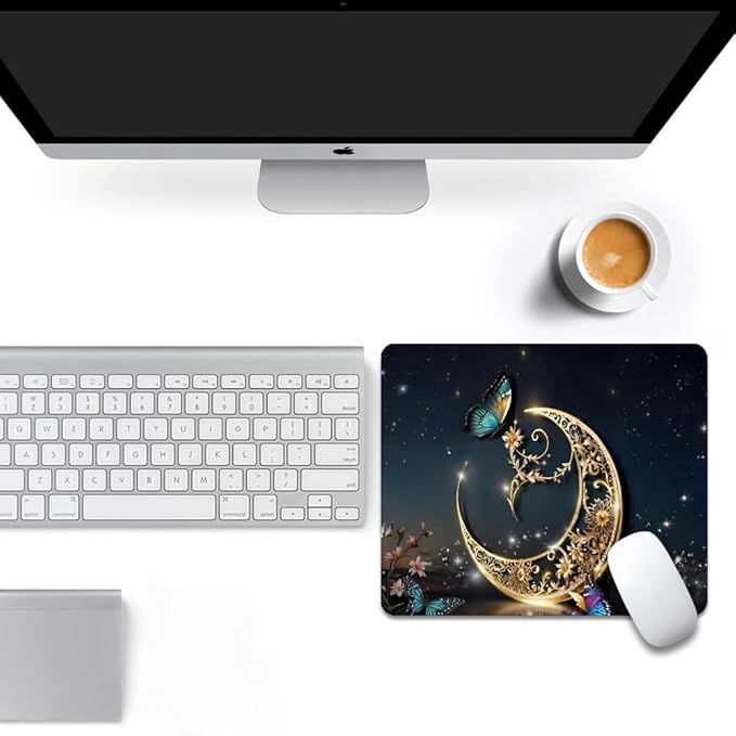 Golden Retro Fantasy Starry Moon Butterfly Square Mouse pad, Waterproof - Image 6