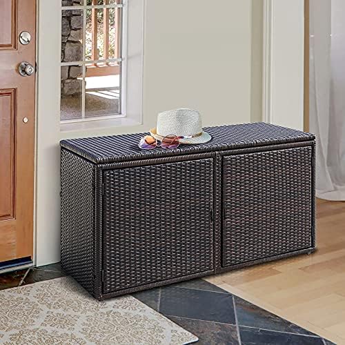 dortala 88 gallon deck box organizer, wicker large shown in use