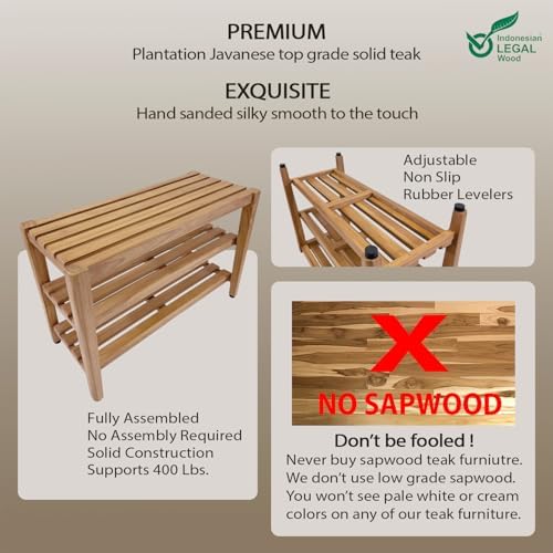 asta select solid teak 27" shoe rack bench showing dimensions