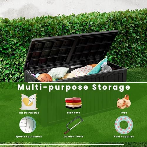 270 gallon waterproof outdoor storage box, lockable deck on a desk or shelf