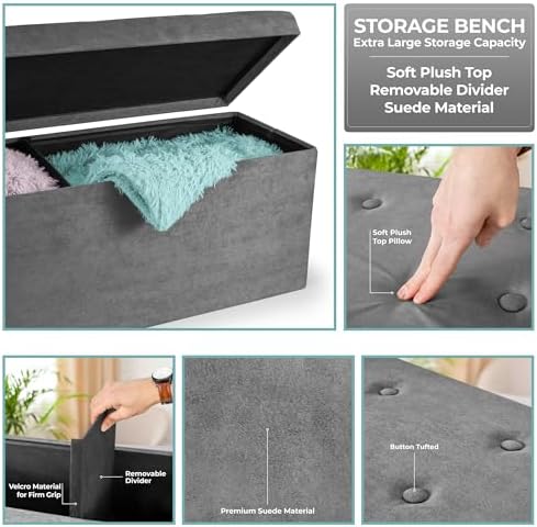 sorbus collapsible storage ottoman bench (grey, large (15” showing dimensions