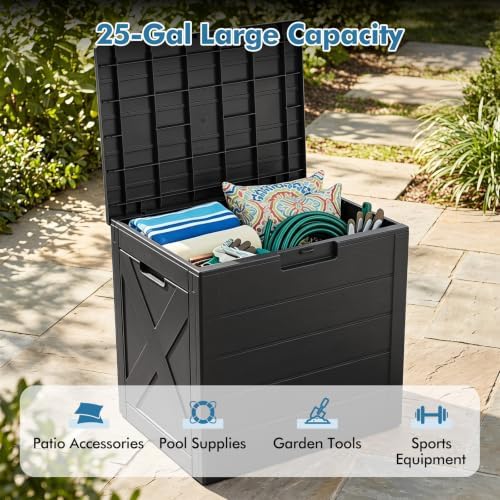 tangkula 25 gallon outdoor storage box with lockable, side view